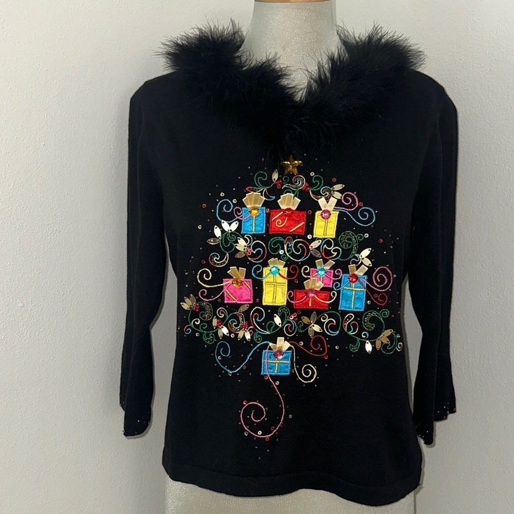 Jack B Quick black red green embellished feather trim holiday sweater small s